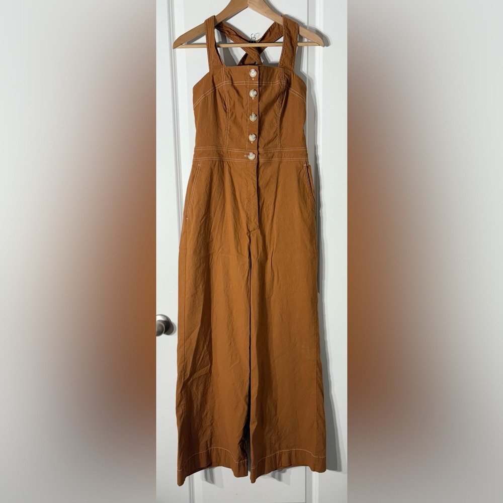 Anthropologie Tan Sleeveless Jumpsuit with Button Detail